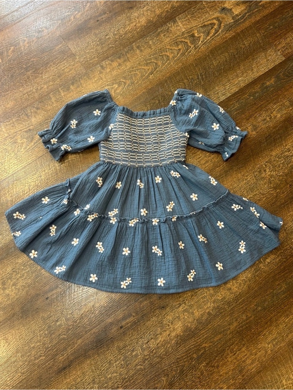Rare Editions Blue Daisy Smocked Puff-Sleeve Dress 8